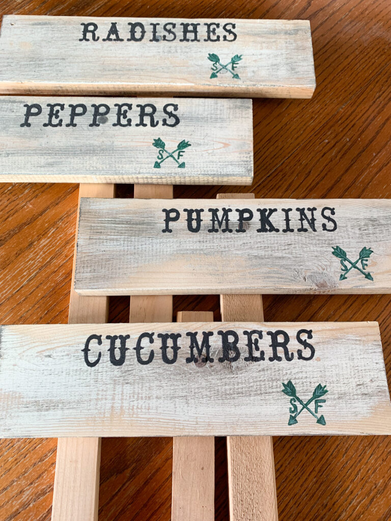 Radishes, Peppers, Pumpkins, and Cucumbers DIY Farmhouse garden signs with stenciled letters