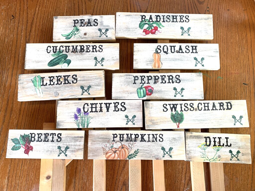 Peas, Radishes, Cucumbers, Squash, Leeks, Peppers, Chives, Swiss Chard, Beets, Pumpkins, Dill, DIY Garden Signs