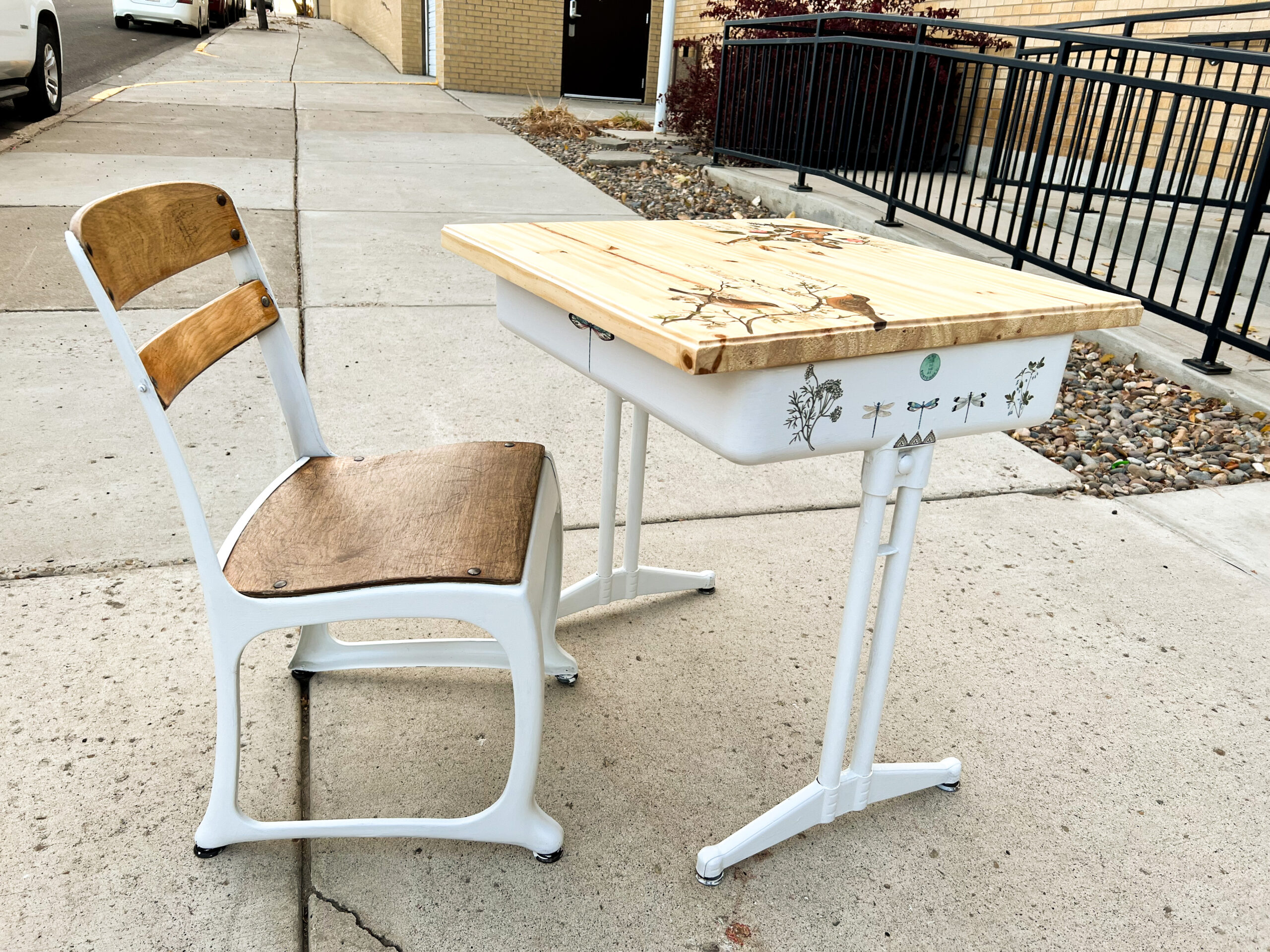 Refurbished old metal school desk and chair